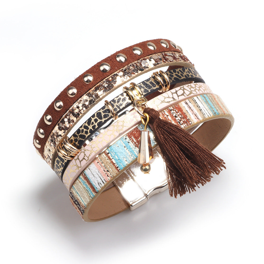 Wholesale Fashion Multi-layer Tassel Leather Magnetic Buckle Bracelet